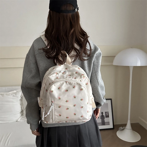 Women Casual Nylon Backpack Small Fresh Floral Print Mini School Bag Forest Style Simple Shoulder Bag Travel Daily Use