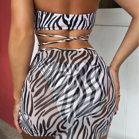 Zebra Striped Swimwear Halter Bikini Top High Cut Bottom And Ruched Mesh Skirt Beach Bathing Suit For Women Sexy