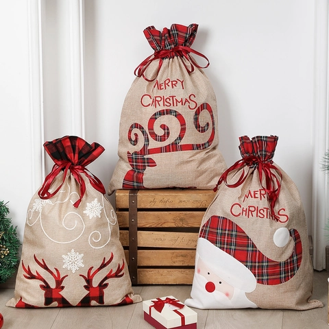 Sacchetti Regalo Di Natale In Finto Lino Con Coulisse Babbo Natale Renna Fiocco Di Neve Decorazione Rustica Per Feste