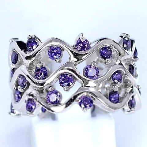 Elegant Women Woven Wave Ring Hollow Copper Micro Set Purple Round Zircon Fashion Jewelry Romantic Gift