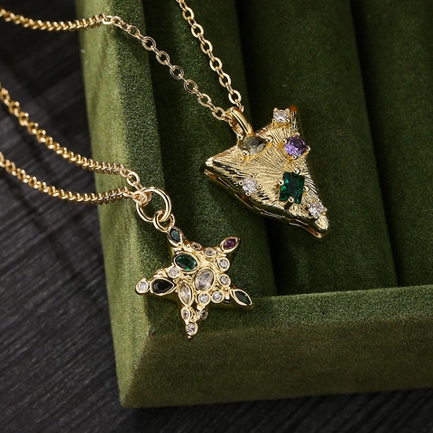 Collana Con Ciondolo A Stella Geometrica Rame Placcato Oro 18K Con Zircone Colorato Gioielli Di Moda Per Donna Elegante