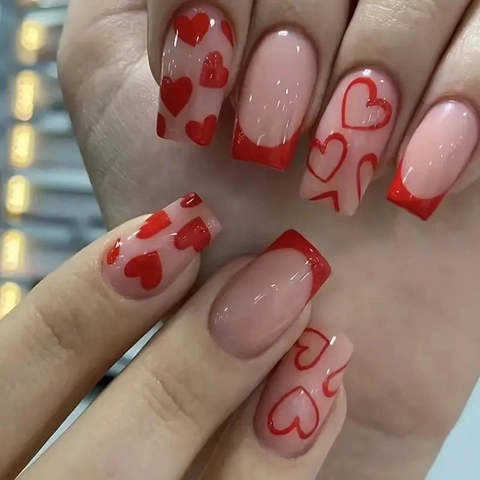 Uñas Postizas A Presión French Rojas Con Diseño De Corazón Cuadradas Medianas ABS Uñas Artificiales Para Mujer San Valentín