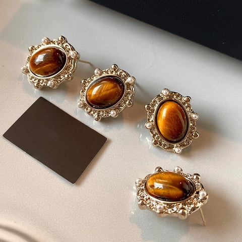 Vintage Palace Oval Tiger Eye Stone Stud Earrings With Silver Earring Post And Imitation Artificial Pearl Luxury For Women