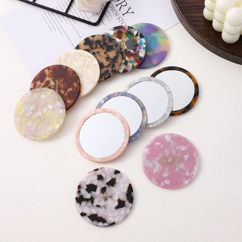 Round Portable Makeup Mirror Acetate Resin Pocket Travel Handheld Compact Marble Tortoiseshell Pattern French Style