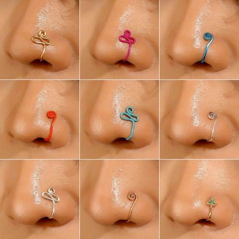 Punk Copper U-Shaped Nose Ring Non-Pierced Spiral Clip-On Nose Cuff Rhinestone Vintage Fashion Body Jewelry For Women