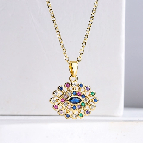Collana Con Pendente Malocchio Rame Placcato Oro Zirconia Colorata Catena Clavicola Gioielli Da Donna Elegante Regalo Di Tendenza