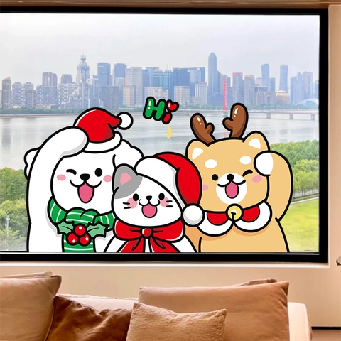 Christmas Window Stickers Static PVC Cartoon Animal Cats Dogs For Glass Mirror Decoration Double Sided Color Festive
