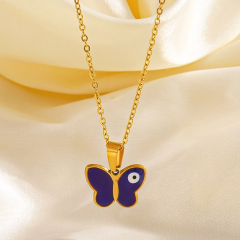 Collana Con Pendente Farfalla E Malocchio In Acciaio Inossidabile Per Donna Smalto Blu Placcato Oro Gioielli