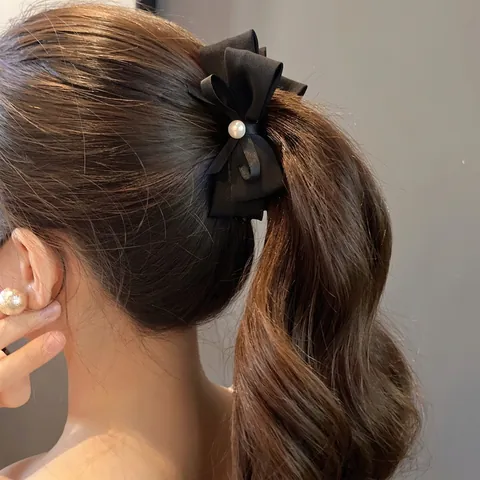 Pinza De Pelo Banana Con Lazo De Satén Negro Con Perla Artificial De Imitación Elegante Soporte Vertical Vintage Para Coleta