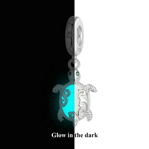 925 Sterling Silver Luminous Sea Turtle Charm Bead Glow In The Dark Animal Pendant With Green Rhinestone For DIY Bracelet