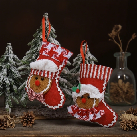 Lebkuchenmann Weihnachtsstrumpf Anhänger Dekoration Filz Rot Feiertagsgeschenktüte Ornament Für Weihnachtsbaum