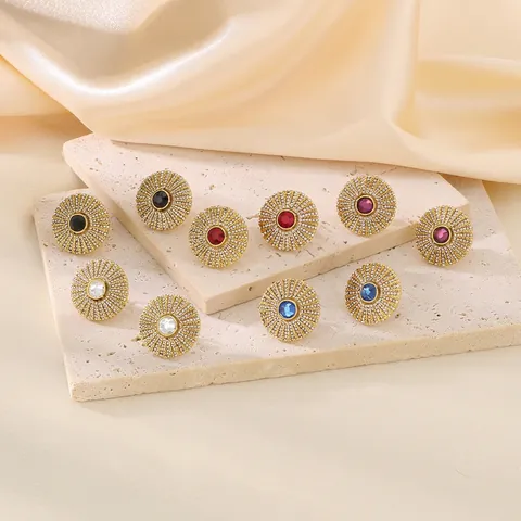Retro Round Sunburst Stud Earrings Stainless Steel Full Rhinestone Inlaid Elegant Ethnic Style Jewelry For Women