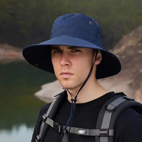 Wide Brim Bucket Hat Sun Protection Outdoor Hiking Fishing Adjustable Chin Strap Breathable Polyester Sunshade Hat
