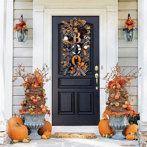 Halloween Front Door Wreath Hanging Swag Boo Sign Spooky Ribbon Mesh Spiders Ornament Party Home Decoration