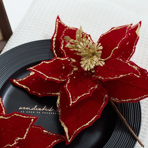 Fiori Di Poinsettia Di Natale Artificiali Velluto Flanella Glitter Oro Scintillanti Decorazioni Festive Realistiche Vaso