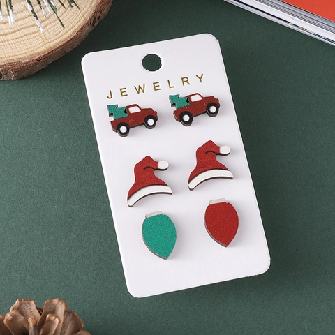 Christmas Stud Earrings Wood Festive Snowman Reindeer Santa Hat Truck And Bulb Ornaments For Women Sweet Holiday Jewelry