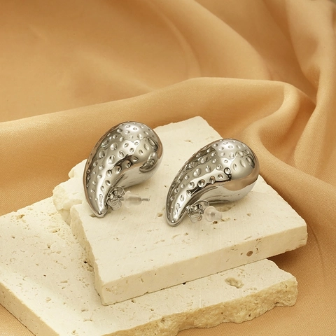 Hammered Teardrop Earrings Stainless Steel Chunky Hollow Waterdrop Stud Jewelry For Women Retro Elegant
