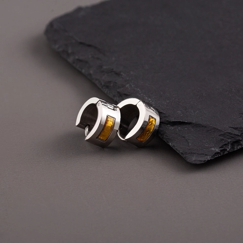 Stainless Steel Hoop Earrings Geometric Yellow Amber Pattern Inlay Hip Hop Trendy Punk Ear Buckles Jewelry For Men Women