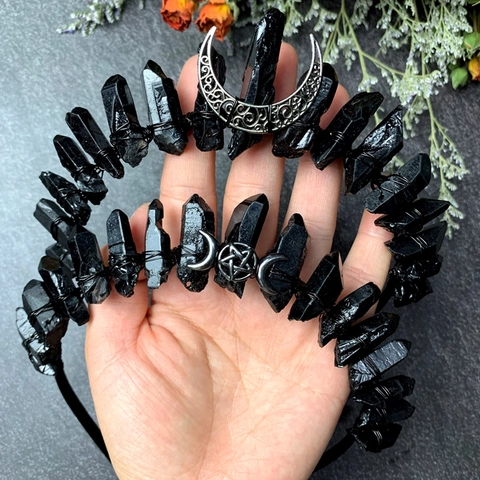Black Crystal Crown Headband With Crescent Moon And Pentagram Gothic Handmade Hair Accessories For Women Party