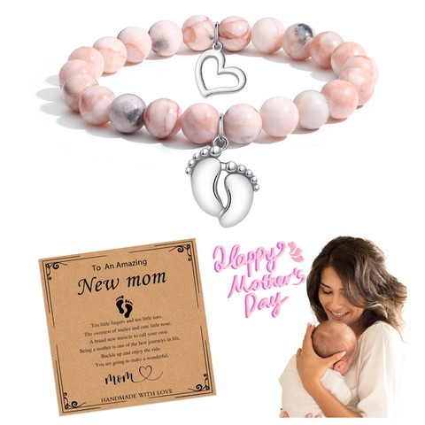 Bracciale Artigianale in Perline di Pietra Naturale per Nuova Mamma Ciondolo Cuore Impronta Bambino Gioielli Regalo Festa della Mamma Con Cartolina