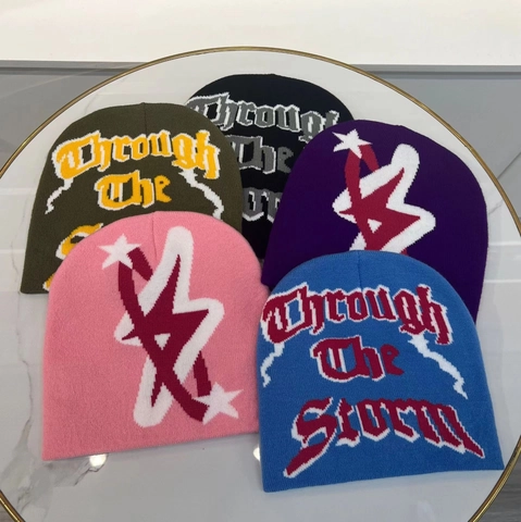 Strickmütze Beanie Acryl Jacquard Buchstaben Muster Warm Winter Hip Hop Streetwear Stil Für Damen Herren
