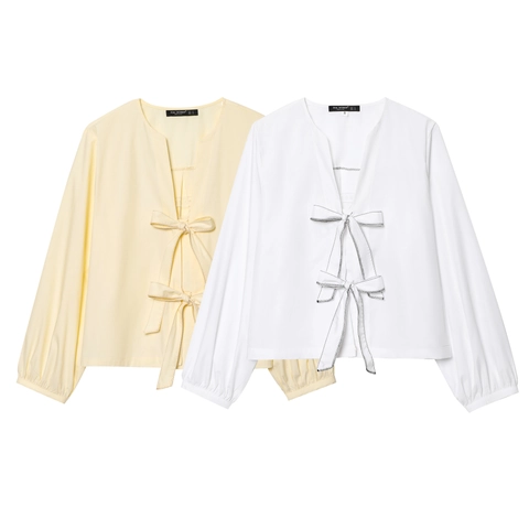 Women Long Sleeve Blouse Front Bow Tie V Neck Polyester Poplin Solid Color Casual Fashion Lantern Sleeve Top