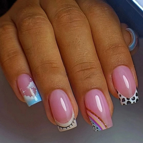 Medium Long Square Press On Nails Pink Cow Print Rainbow Stripe Blue Cloud Star Pattern Sweet Summer Artificial Nails