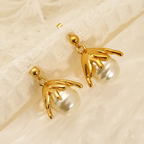 Pendientes De Perlas Artificiales De Agua Dulce Barrocas Oro 18k Acero Inoxidable Metal Líquido Estilo Lava Joyería Retro Mujer