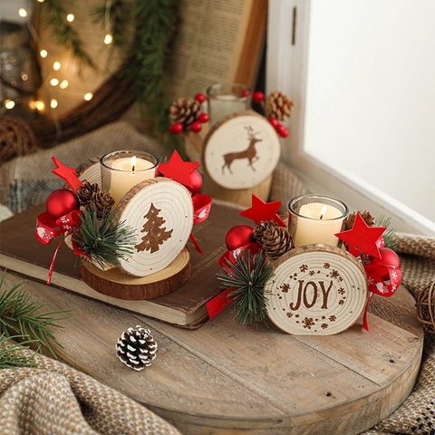 Christmas Wooden Candle Holder Glass Cup Pine Cone Decoration Desktop Festive Candlestick Rustic Holiday Ornament