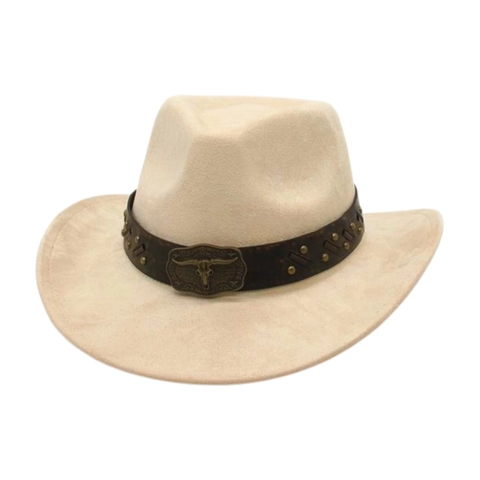 Western Cowboy Hat Polyester Felt Vintage Steer Skull Buckle Faux Leather Band Rivets Wide Brim Sun Hat Outdoor Unisex