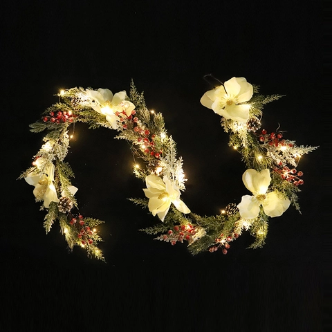 Artificial Christmas Garland White Magnolia Red Berry Pinecone Snow Dusted Cypress Leaves For Mantel Stair Wall Holiday Decor