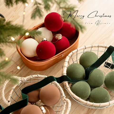 Palle Di Natale Floccate Texture Velluto Ornamenti Appesi Per Decorazioni Albero Di Natale Tinta Unita Vintage