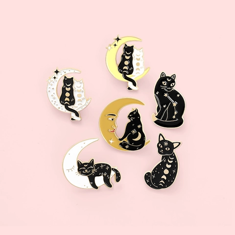 Celestial Black Cat And Moon Enamel Brooch Pin Set Moon Phases Stars Alloy Badges For Backpacks Clothing Accessories