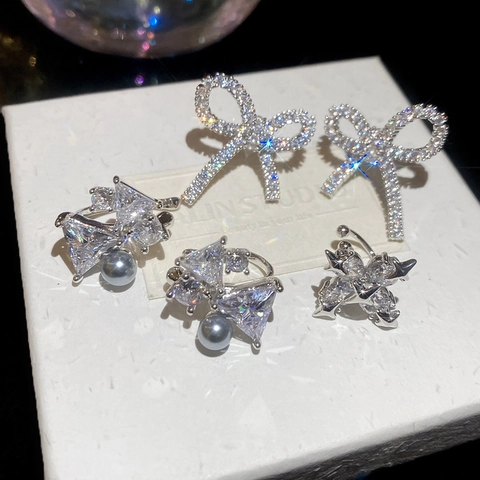 Ear Cuff Fiocco Stella Geometrici Rame Zircone Perla Artificial Sintetica Orecchini Con Silver Earring Post Gioielli Lusso Per Donna