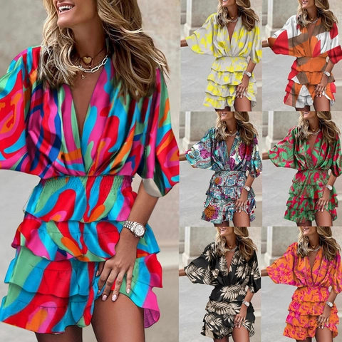 Women's V-Neck Batwing Sleeve Paisley Printed Midi Dress Loose Fit Polyester Casual Dress