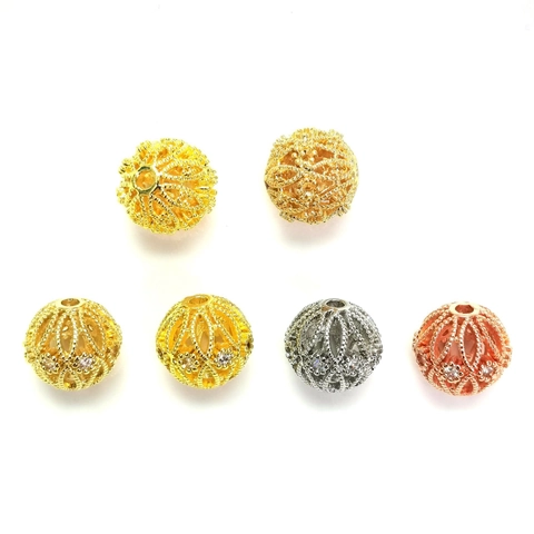 Perle Distanziatrici Tonde Cavo Rame Zirconia Filigrana Placcato Oro Per Creazione Gioielli Fai Da Te Bracciale Collana Artigianato