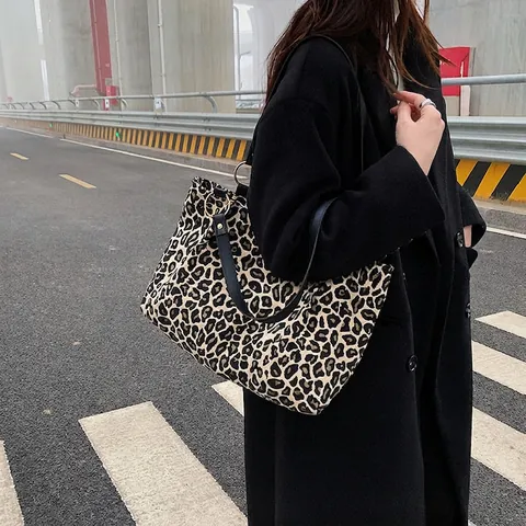 Bolso De Lona Con Estampado De Leopardo Para Mujer Gran Capacidad Bolso De Hombro Informal Con Correas De Cuero Sintético Moda