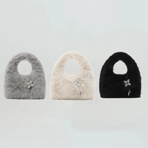 Pluizige Kunstbont Handtas Ronde Handgreep Winter Street Style Met Bloemhanger Zachte Pluche Tas