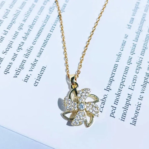 Rotating Windmill Pendant Necklace Copper With Cubic Zirconia Paved Dynamic Fortune Jewelry For Women