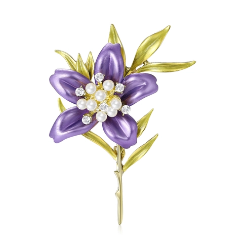Lelie Bloem Broche Speld Legering Emaille Kunstparel Imitatie Strass Elegant Floraal Sieraden Voor Vrouwen Mode Accessoire