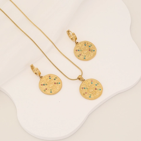 Roestvrijstalen Sieradenset Slang Medusa Ronde Hanger Ketting En Oorbellen Met Gekleurde Zirkonia Gepersonaliseerd