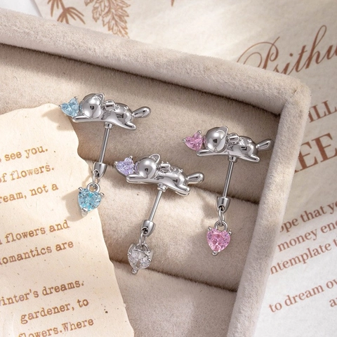 Cat Heart Zircon Ear Cartilage Stud Titanium Steel Copper Piercing Jewelry Sweet Cute For Women