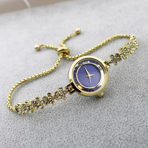 Luxury Gold Alloy Rhinestone Flower Bracelet Watch For Women Elegant Fashion Quartz Wristwatch With Adjustable Sliding Strap