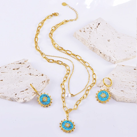 Stainless Steel Double Layer Sun Pattern Necklace And Earrings Jewelry With Artificial Pearl Turquoise Accessories For Women