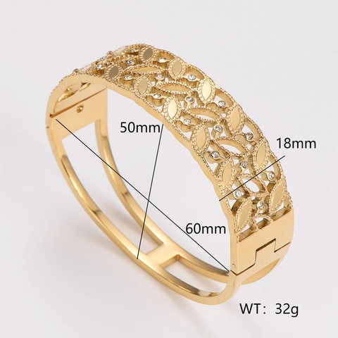 Stainless Steel Hollow Out Leaf Bangle With 18K Gold Plated Rhinestone Geometric Retro Cuff For Women