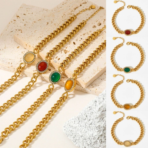 Roestvrijstalen Armband Met Ovale Agaat En Fonkelende Steentjes Grove Gouden Ketting Etnische Stijl Voor Dames