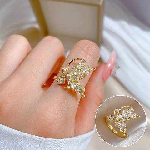 Schmetterling Ring Messing Vergoldet Funkelnde Zirkonia Verstellbare Öffnung Eleganter Schmuck Für Damen