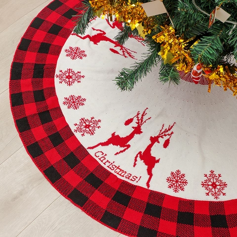 Jupe De Sapin De Noël Tricotée Motif Renne Flocon De Neige Bordure Carreaux Rouge Noir Acrylique Décoration