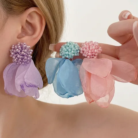 Pendientes Colgantes De Flores Románticos Pétalos De Organza Racimo De Cuentas Hecho A Mano Joyas Mujer Con Poste De Plata 925
