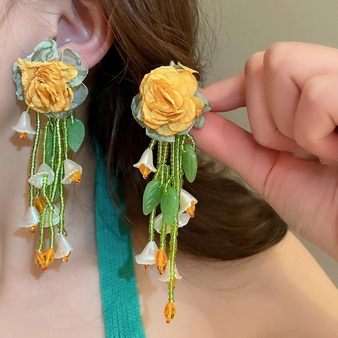 Alloy Blumen Quaste Ohrhänger Mit Stoffrose Und Perlen Sowie Silberohrstecker Waldstil Für Damen